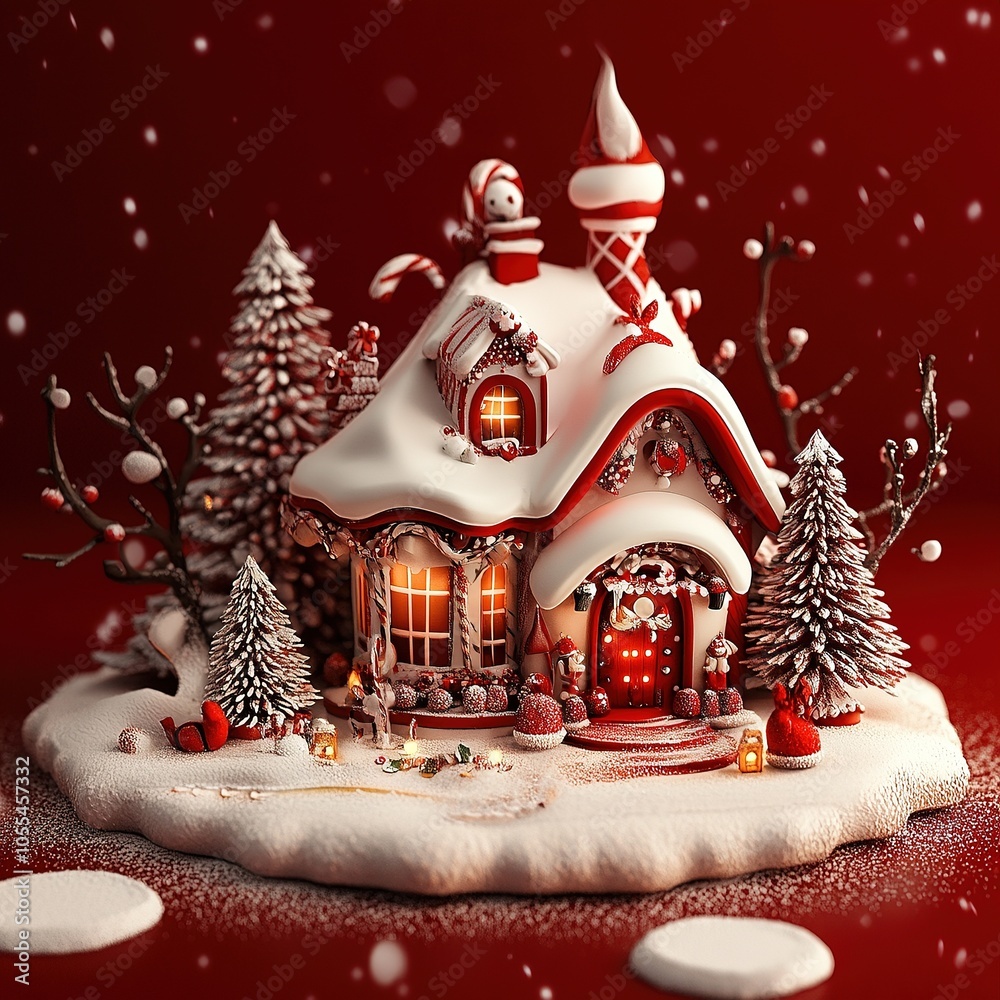 Festive miniature Christmas house with snow and lights.