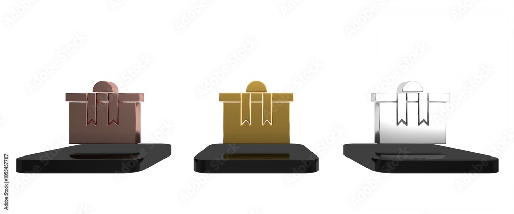 Colorful Gift box icon isolated on white background. Merry Christmas and Happy New Year. Minimalism concept. 3D render illustration Colorful Gift box icon isolated on white background. Merry Christmas and Happy New Year. Minimalism concept. 3D render illustration