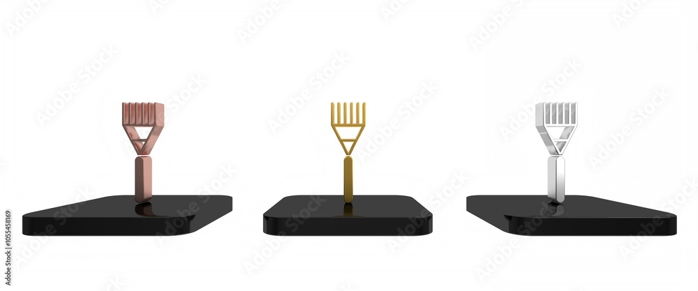 Colorful Garden rake icon isolated on white background. Tool for horticulture, agriculture, farming. Ground cultivator. Housekeeping equipment. Minimalism concept. 3D render illustration Colorful Garden rake icon isolated on white background. Tool for horticulture, agriculture, farming. Ground cultivator. Housekeeping equipment. Minimalism concept. 3D render illustration