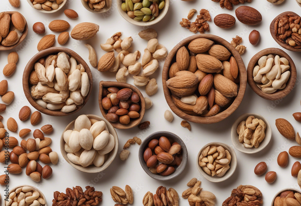 Top view different kinds of nuts in bowl peanuts pistachio walnuts pecan almond set isolated on tran Top view different kinds of nuts in bowl peanuts pistachio walnuts pecan almond set isolated on tran