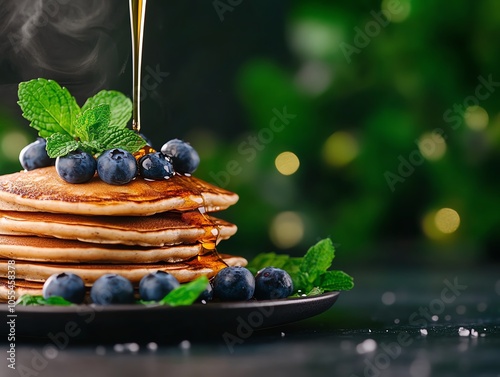Sourdough discard pancakes with syrup, blueberries, and mint garnish, Sourdough pancakes, creative cooking with discard