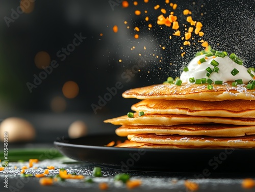 Sourdough discards in a savory pancake stack, topped with sour cream and chives, Sourdough discard recipe, wastefree cooking photo