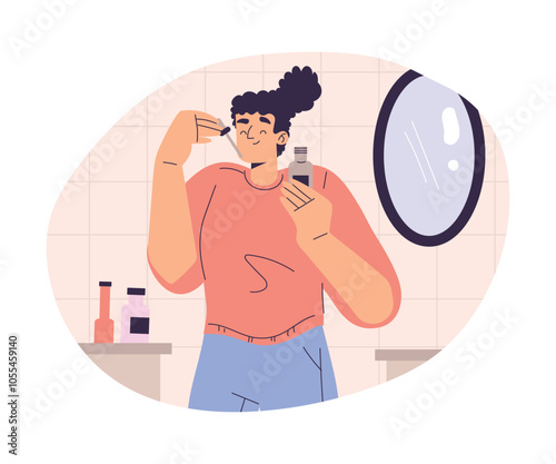 Personal Care with Woman Character with Essential Oil Enjoy Grooming Procedure Vector Illustration
