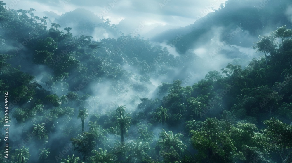 Mystical Foggy Rainforest Landscape with Palm Trees and Lush Greenery Mystical Foggy Rainforest Landscape with Palm Trees and Lush Greenery