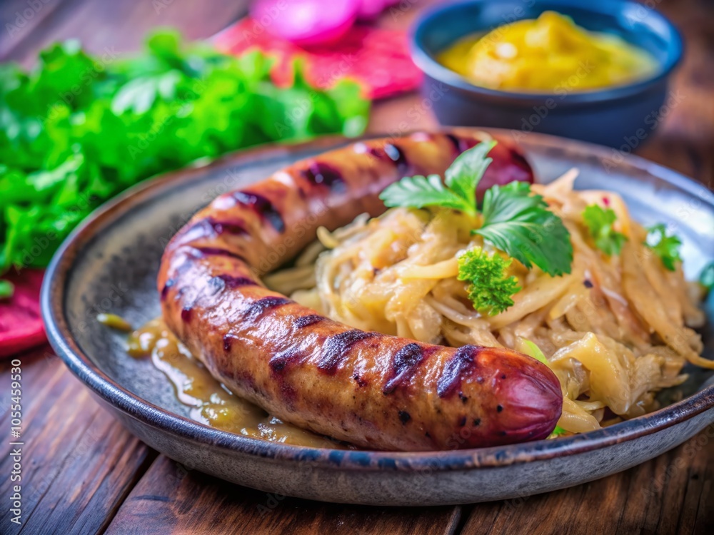 Grilled Sausages with Sauerkraut and Mustard on Dark Stone Platter - Culinary Delight