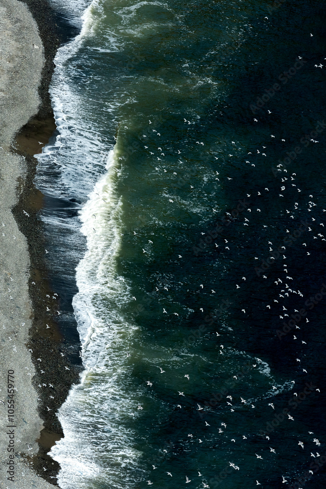 Aerial view of beautiful waves and serene ocean with birds soaring above, Chukotka Autonomous Territory, Russia. Aerial view of beautiful waves and serene ocean with birds soaring above, Chukotka Autonomous Territory, Russia.