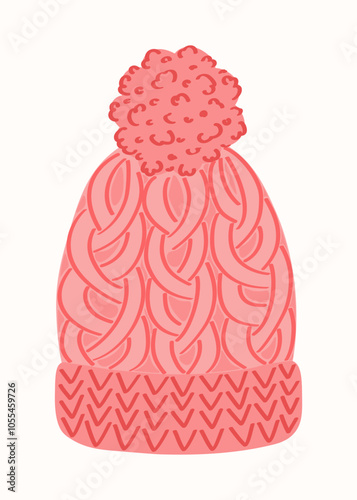 Knitted light red hat with a pom-pom on a white background