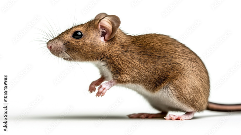 Close-up side view of a small brown mouse standing on its hind legs against a white background. Close-up side view of a small brown mouse standing on its hind legs against a white background.