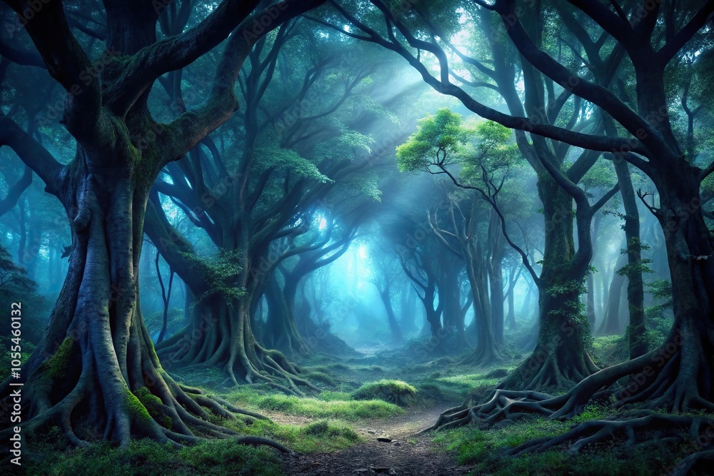 Obraz premium Dark mysterious forest at night with dense foliage and twisted tree trunks, nighttime, darkness, atmosphere, shadows, black background