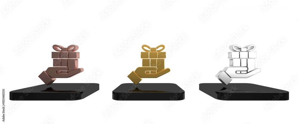 Colorful Gift box in hand icon isolated on white background. Merry Christmas and Happy New Year. Minimalism concept. 3D render illustration Colorful Gift box in hand icon isolated on white background. Merry Christmas and Happy New Year. Minimalism concept. 3D render illustration