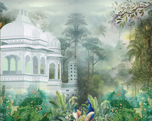 Adobe IllustIndian wedding invitation. Vector illustration of temple, arch with column, tropical plant, peacock, lantern, floral frame, border for greeting card, flyer, poster  Artwork