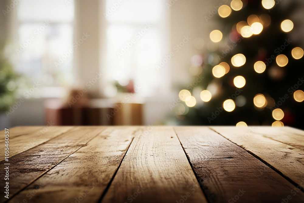 A wooden table sits in the middle of a room with a Christmas tree in the background. The lights from the Christmas tree are blurred and the background is out of focus A wooden table sits in the middle of a room with a Christmas tree in the background. The lights from the Christmas tree are blurred and the background is out of focus