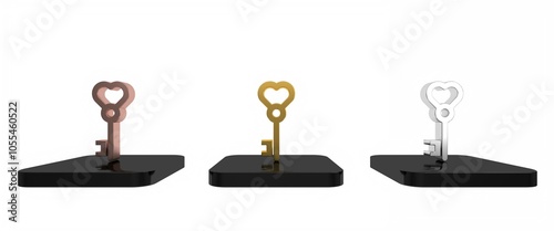 Colorful Key in heart shape icon isolated on white background. Valentines day. Minimalism concept. 3D render illustration