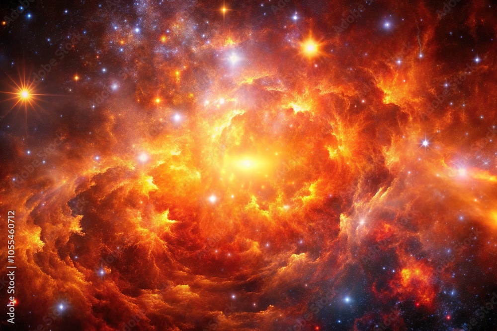 Fototapeta premium Deep space galaxy background with vibrant orange and red colors from supernovae explosions, explosion, stars, galaxies, space, universe