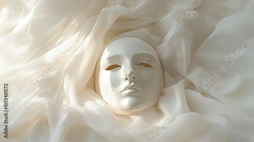 A white mask placed on a white pedestal, surrounded by soft, flowing white fabric that gently drapes down.