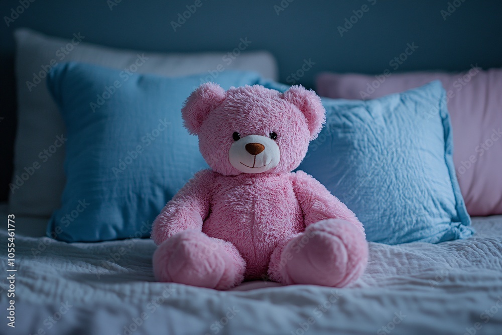 A fluffy pink teddy bear sitting on a cozy bed next to soft blue and pink pillows during a tranquil evening A fluffy pink teddy bear sitting on a cozy bed next to soft blue and pink pillows during a tranquil evening