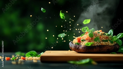 Stuffed portobello mushrooms with quinoa and spinach, ironrich, earthy and wholesome, minimal background, gourmet feel photo