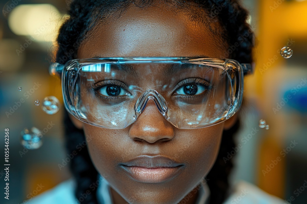 Close-up Portrait of a Young Woman Wearing Safety Glasses with Water Droplets Close-up Portrait of a Young Woman Wearing Safety Glasses with Water Droplets