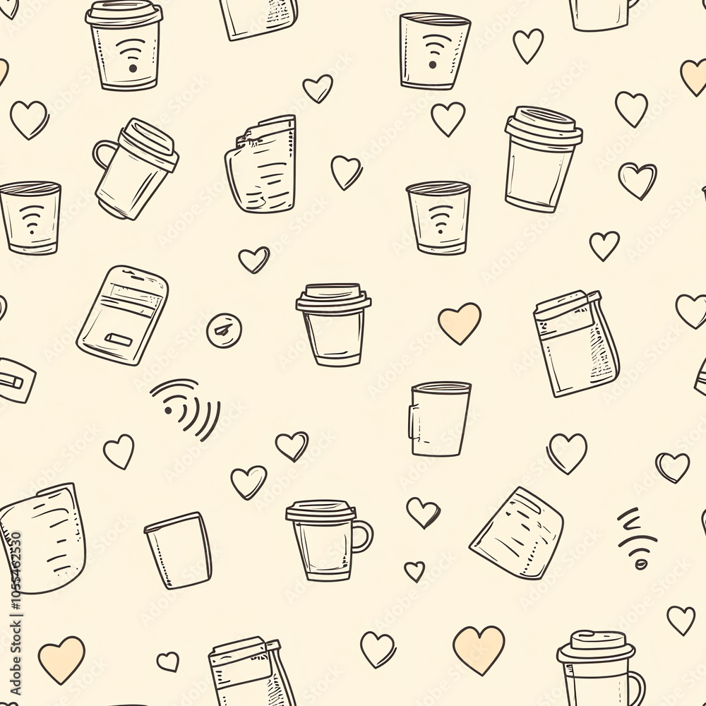 Seamless Coffee and Tech Pattern with Wi-Fi Symbols and Hearts Seamless Coffee and Tech Pattern with Wi-Fi Symbols and Hearts