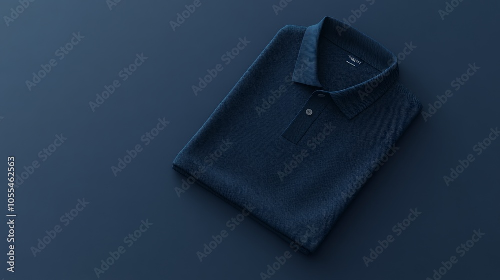 Navy short-sleeve polo shirt laid flat, showcasing ribbed details on the collar and cuffs in a 3D render. Navy short-sleeve polo shirt laid flat, showcasing ribbed details on the collar and cuffs in a 3D render.