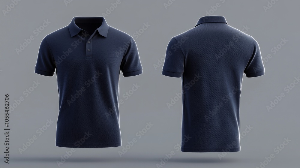 Navy short-sleeve polo shirt with ribbed collar and cuffs, shown in a crisp 3D render with fine fabric textures. Navy short-sleeve polo shirt with ribbed collar and cuffs, shown in a crisp 3D render with fine fabric textures.
