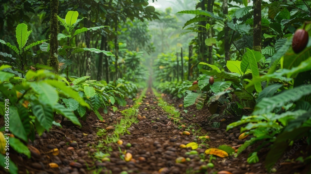 Lush Green Cocoa Plantation Path with Cocoa Pods Tropical Rainforest Agriculture