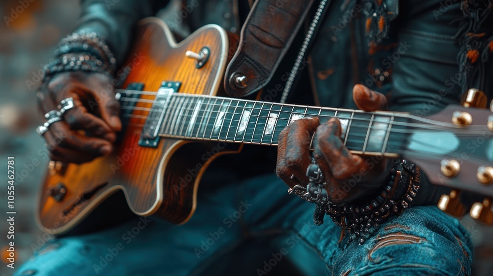 Obraz premium Close-up of a man's hands playing an electric guitar.