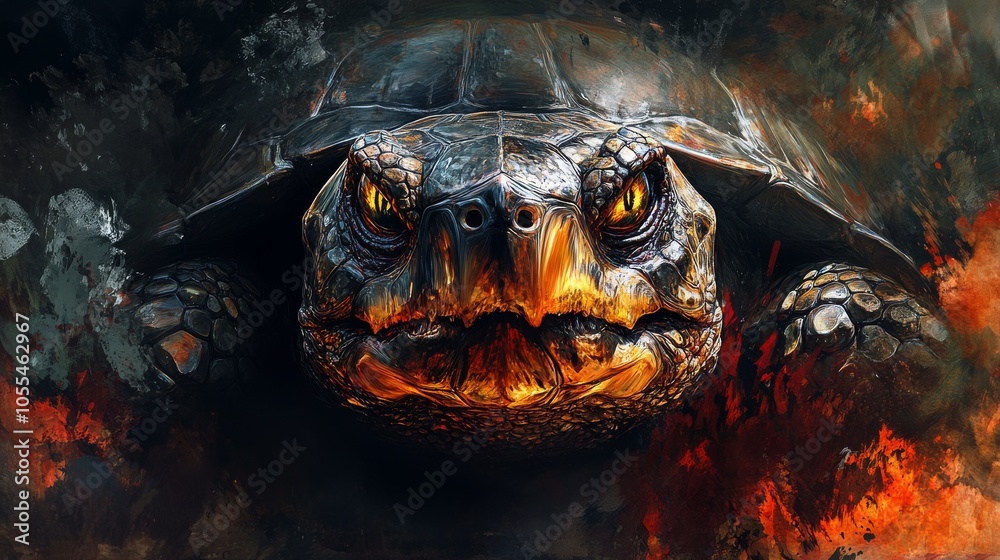 A turtle with red eyes and a menacing look on its face. The image is dark and moody, with a sense of danger and fear A turtle with red eyes and a menacing look on its face. The image is dark and moody, with a sense of danger and fear
