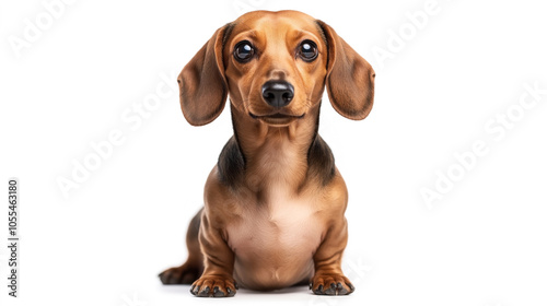 Portrait of a brown dachshund puppy with long ears sitting against a white background, looking directly at the camera with an alert and curious expression.