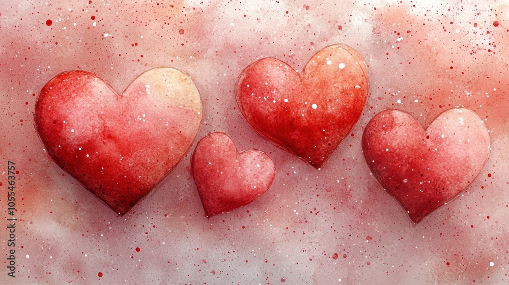 Watercolor Painting of Four Red Hearts on a Pink and White Background Watercolor Painting of Four Red Hearts on a Pink and White Background