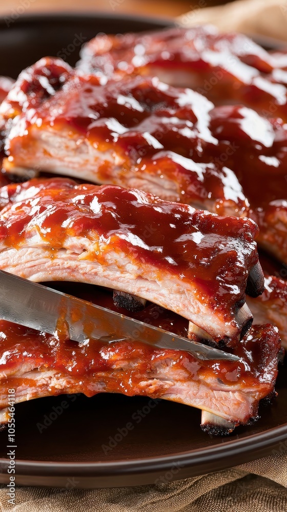 Succulent barbecue ribs glazed with rich sauce on a dark plate, ideal for food lovers. Succulent barbecue ribs glazed with rich sauce on a dark plate, ideal for food lovers.