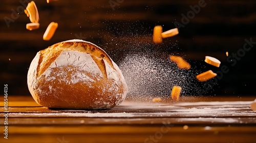 Whole sourdough loaf dusted with flour, set against vintage bakery scene, Vintage sourdough, oldworld charm photo