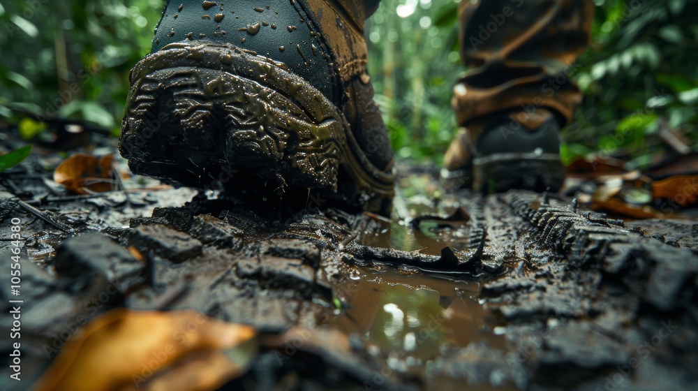 Mud Covered Hiking Boot on a Rainy Jungle Trail Mud Covered Hiking Boot on a Rainy Jungle Trail