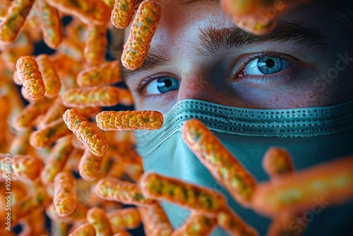 A Person Wearing a Face Mask Surrounded by Bacteria photo