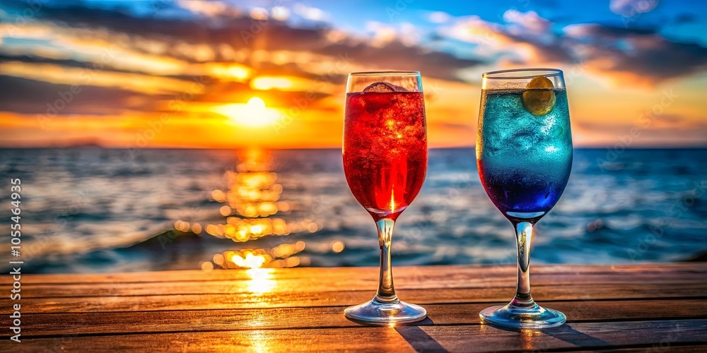Two vibrant cocktails, one red and one blue, sit on a wooden deck overlooking a breathtaking sunset over the ocean. Two vibrant cocktails, one red and one blue, sit on a wooden deck overlooking a breathtaking sunset over the ocean.