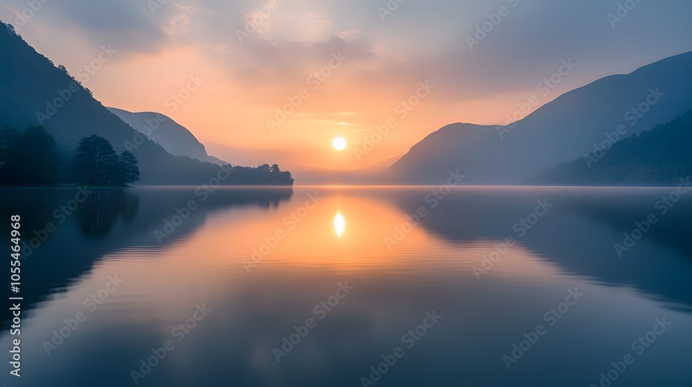 Fototapeta premium A peaceful sunrise over a mountain lake with soft light reflecting on the water