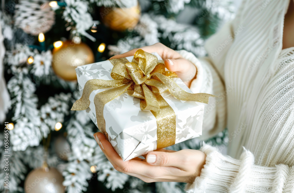 Woman holding gift with gold ribbon by Christmas tree