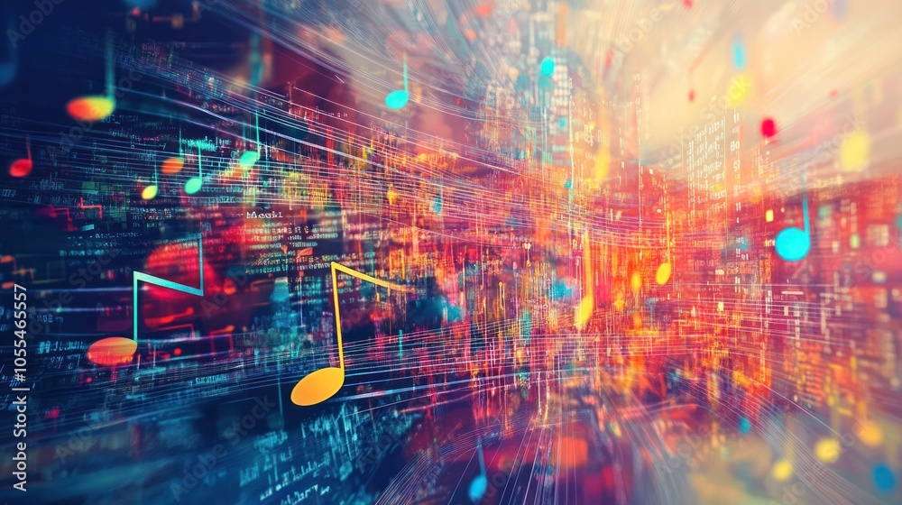 An artistic representation of colorful musical notes intertwined with ...