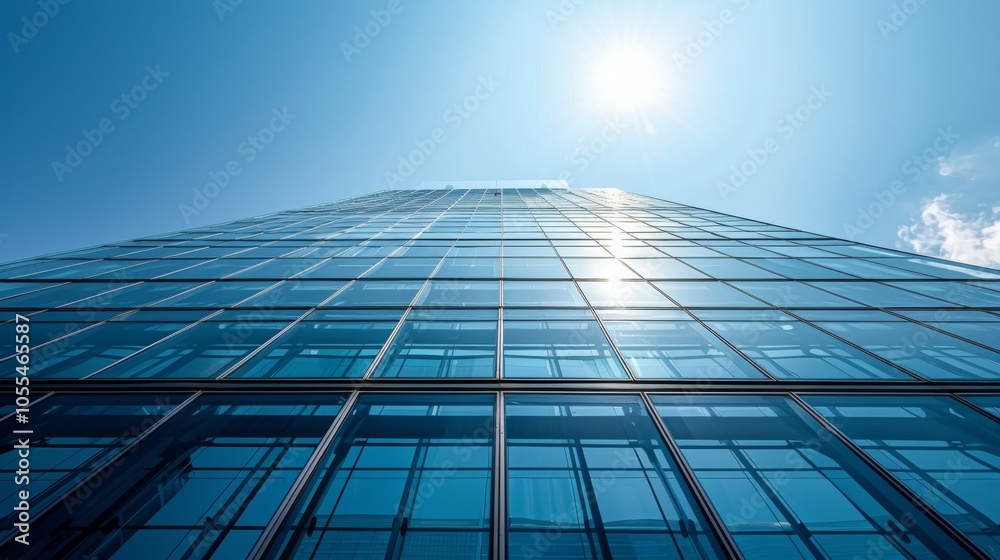 Fototapeta premium Modern Glass Skyscraper Building Facade with Blue Sky and Sunlight