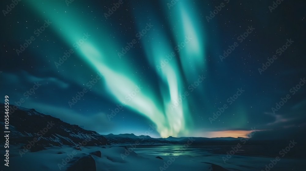 Aurora Borealis (Northern Lights) Over Snowy Mountains and Frozen River in Winter Wilderness_14 Aurora Borealis (Northern Lights) Over Snowy Mountains and Frozen River in Winter Wilderness_14