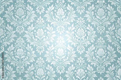 Light blue and silver wallpaper with subtle damask pattern and intricate details, sophisticated ambiance, shimmering finish, elegant decor