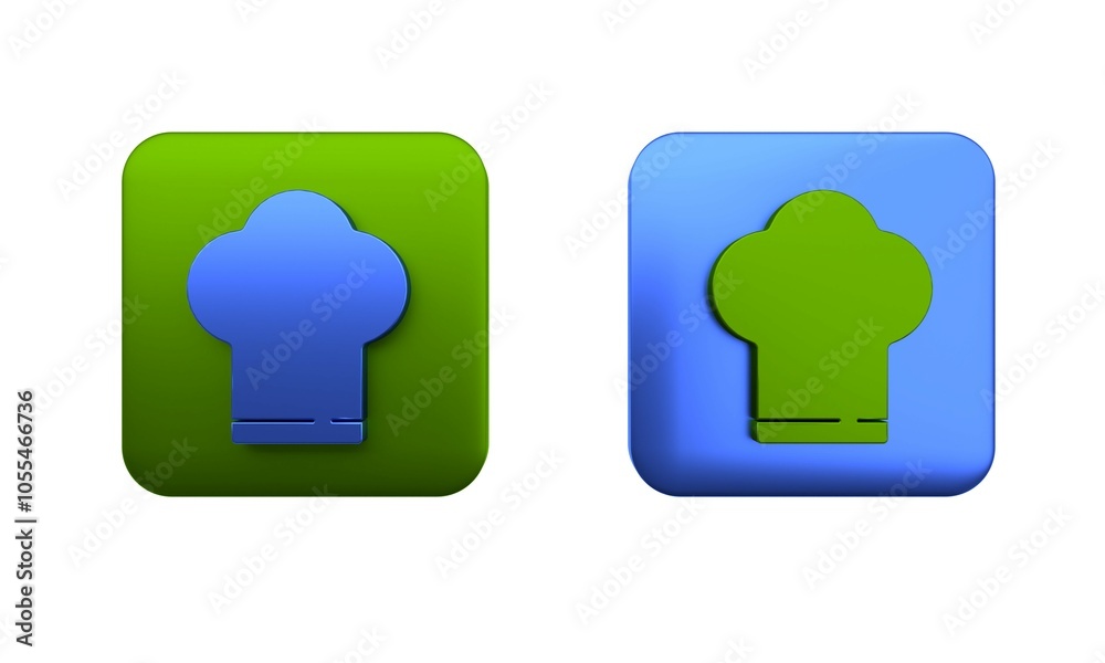 Colorful Chef hat icon isolated on white background. Cooking symbol. Cooks hat. Square button. 3D render illustration Colorful Chef hat icon isolated on white background. Cooking symbol. Cooks hat. Square button. 3D render illustration