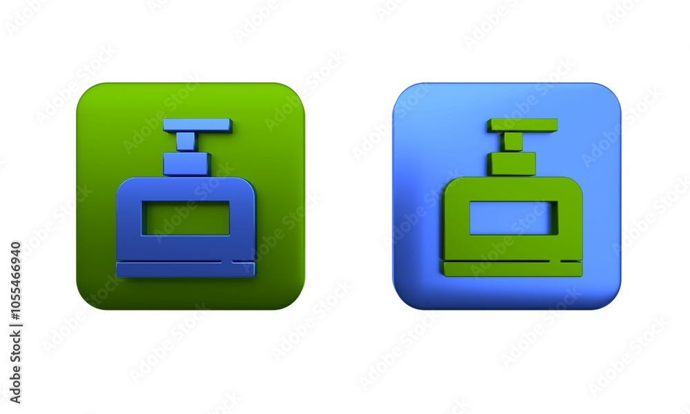 Colorful Bottle of shampoo icon isolated on white background. Square button. 3D render illustration Colorful Bottle of shampoo icon isolated on white background. Square button. 3D render illustration