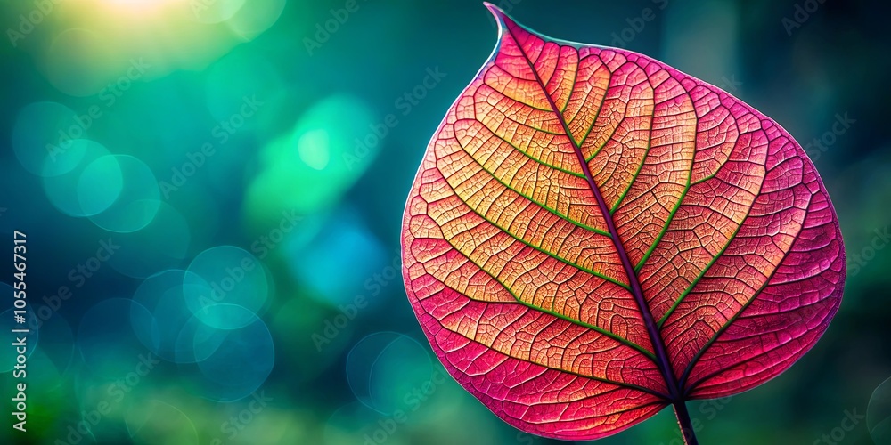 Intricate Network of Veins on a Single Crimson Leaf Against a Vibrant Blue and Green Background Intricate Network of Veins on a Single Crimson Leaf Against a Vibrant Blue and Green Background