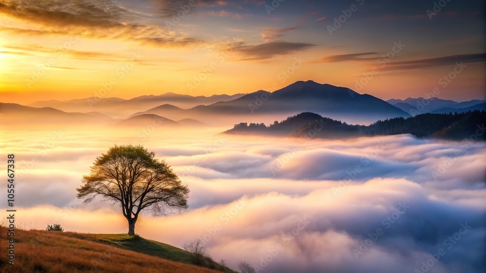 Misty mountains at sunset with a lone tree standing tall amidst the fog, rugged, trees, wilderness Misty mountains at sunset with a lone tree standing tall amidst the fog, rugged, trees, wilderness