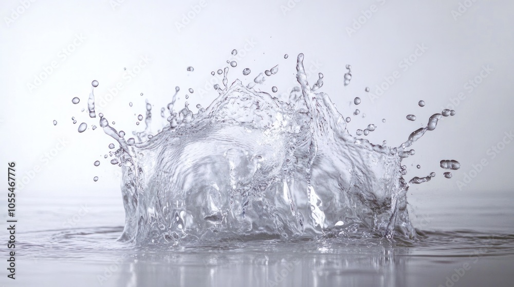 Dynamic water splash frozen in motion with crystal-clear droplets suspended against a plain Dynamic water splash frozen in motion with crystal-clear droplets suspended against a plain