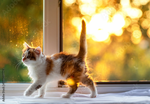 cute fluffy kitten walking on windowsill in golden sunset light