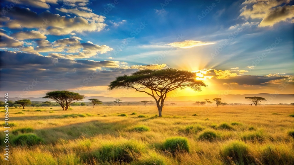 Open grasslands with acacia trees and a sunny savanna landscape at sunrise, african savanna, golden hour, savanna landscape Open grasslands with acacia trees and a sunny savanna landscape at sunrise, african savanna, golden hour, savanna landscape