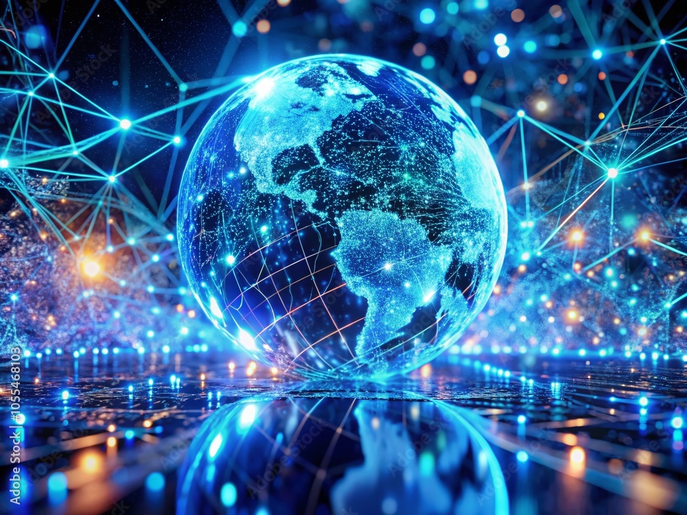 Holographic Blue Neon Virtual Space Showcasing Global Connection in Macro Photography