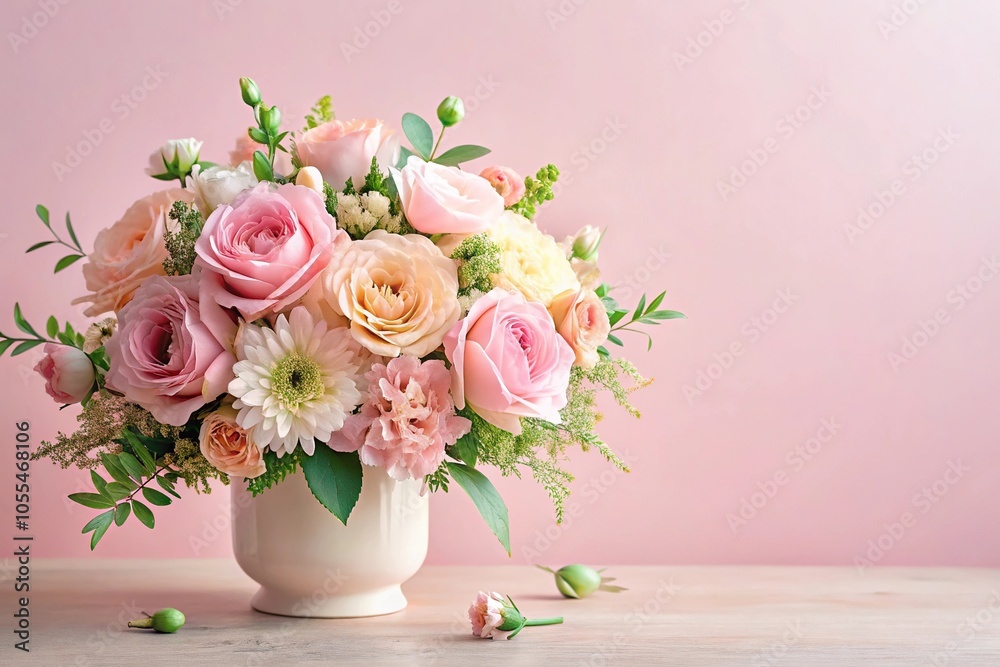 Fototapeta premium Pastel pink floral arrangement with soft petals and greenery, floral arrangement, spring flowers, garden decor, gentle hues, delicate blooms